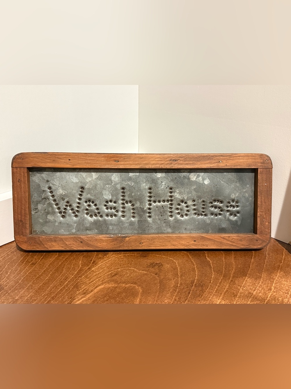 Vintage Rustic Wood & Punched Tin “Wash House” Wall Sign